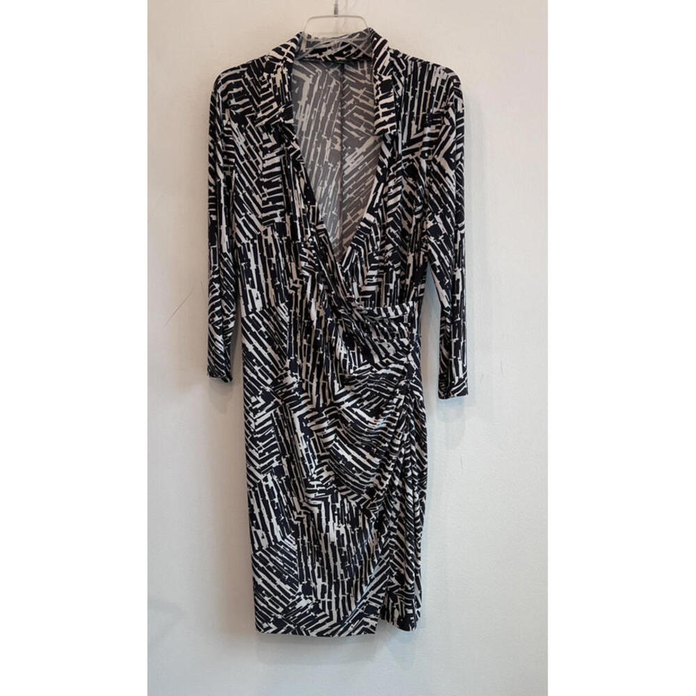 LAUREN Ralph Lauren Faux Wrap Dress Size 14 Polyester Gray And White